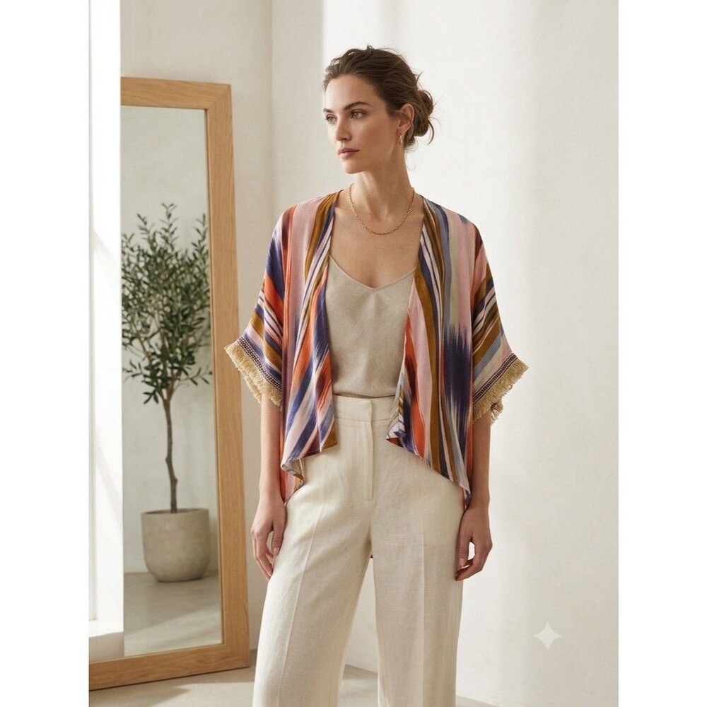 Band of Gypsies Boho Stripe Fringe Open Front Kimono Cardigan Coverup Small